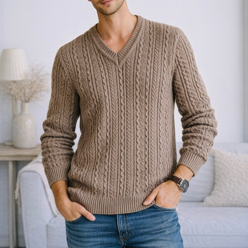 Amber Men’s Cocoa Brown Cable Knit Wool Sweater V-Neck Long Sleeve Classic